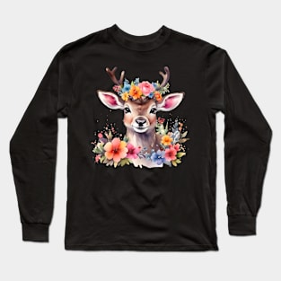 A baby deer decorated with beautiful watercolor flowers Long Sleeve T-Shirt